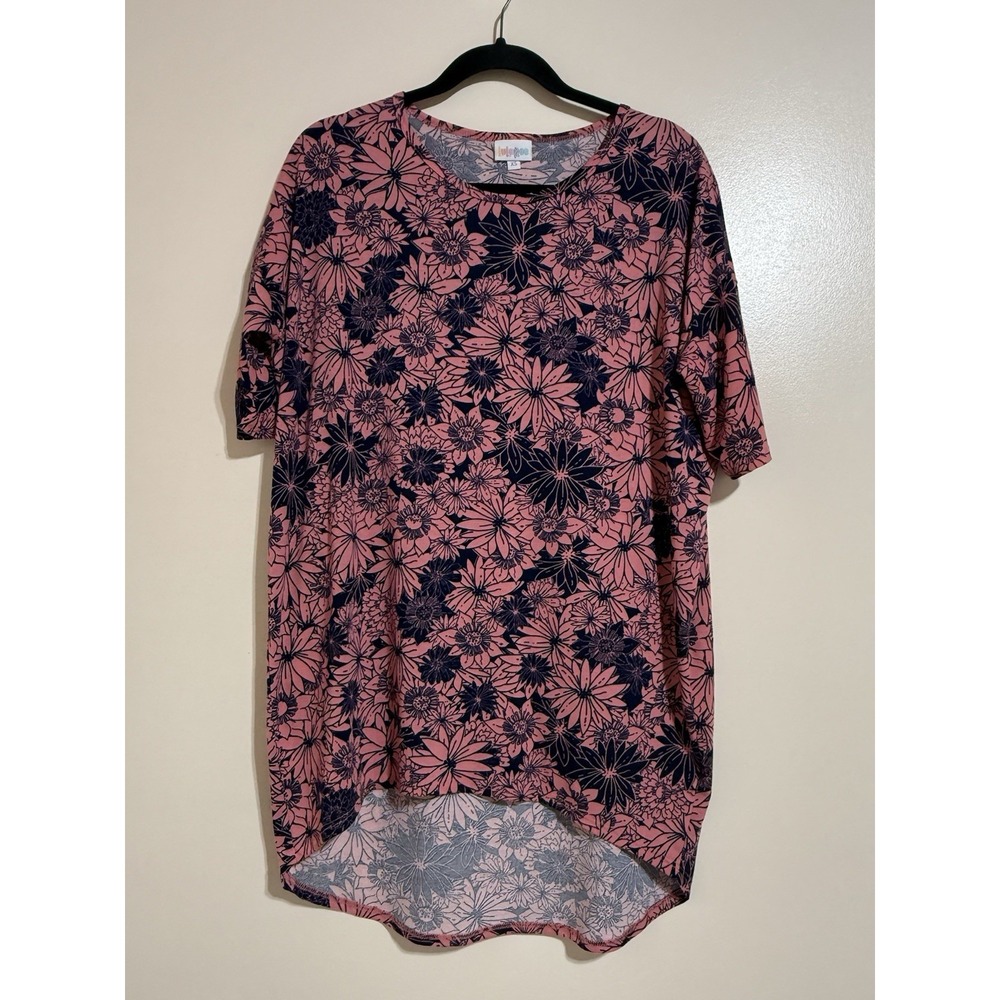 LuLaRoe Irma Tunic‎ Top Womens XS Pink Floral High Low Short Sleeve Scoop Neck